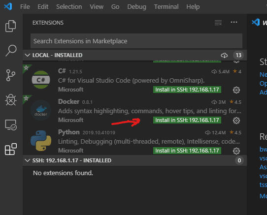 Screenshot - Installing the Docker extension