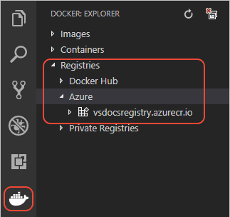 Docker Explorer in VS Code showing registries