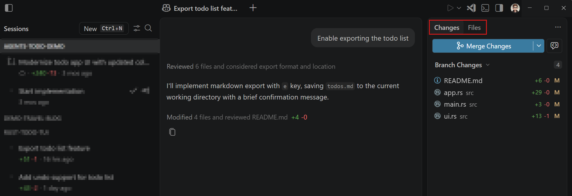 Screenshot showing the Changes panel in the Agents application, with the Files and Changes views visible.