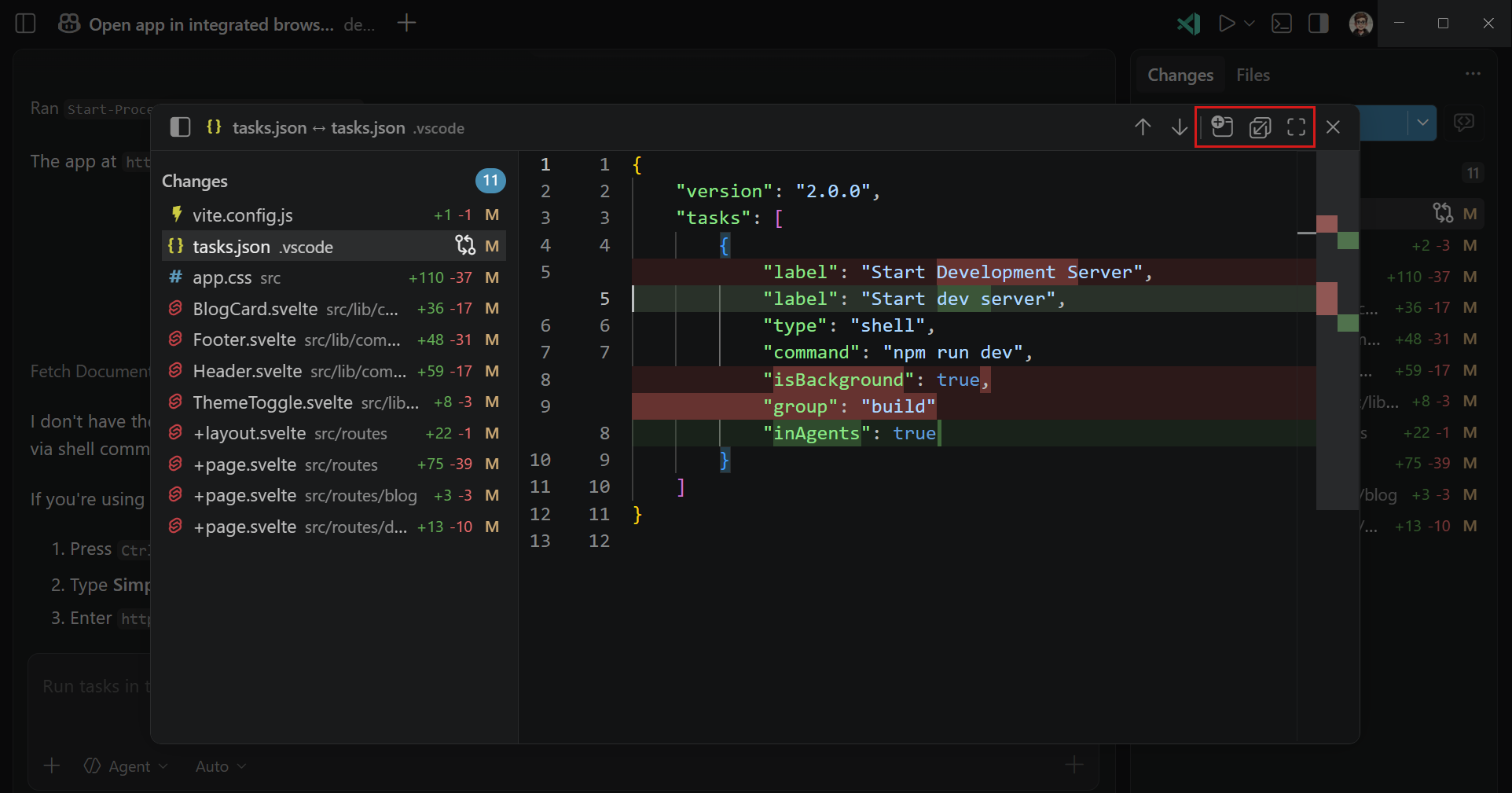 Screenshot showing the diff view in a modal window in the Agents application, with the layout controls in the diff view toolbar visible.