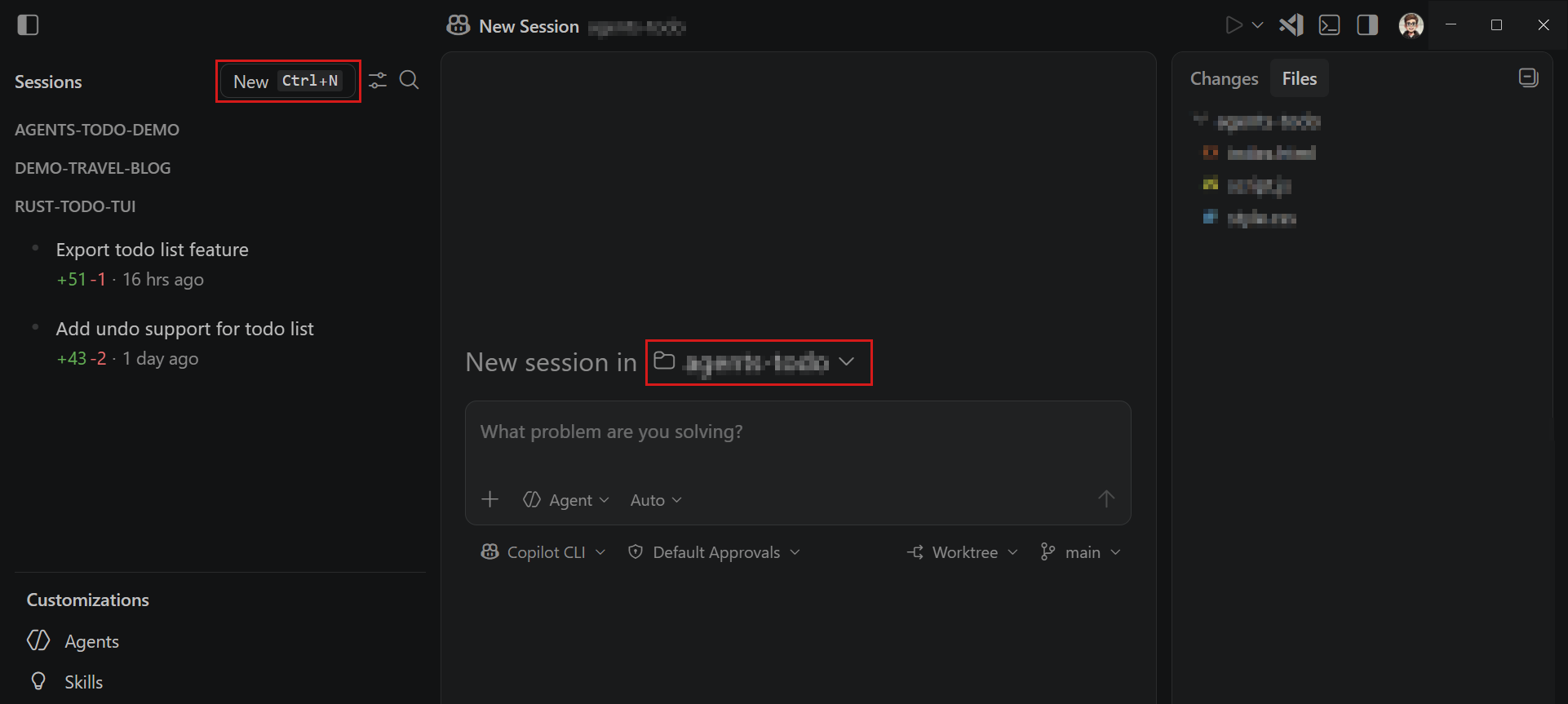Screenshot showing how to start a new agent session by selecting New at the top of the sidebar in the Agents application.