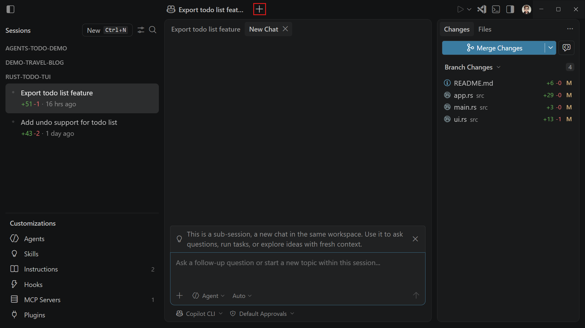 Screenshot showing how a new sub-session tab appears in the chat area alongside the parent session tab in the Agents application.