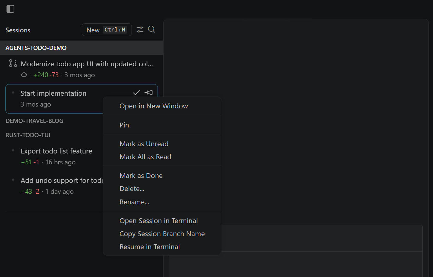 Screenshot showing the sessions list in the sidebar in the Agents application.