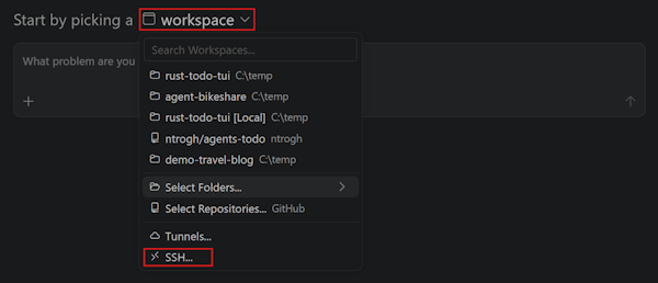 Screenshot showing how to select SSH in the workspace dropdown when starting a new agent session in the Agents application.