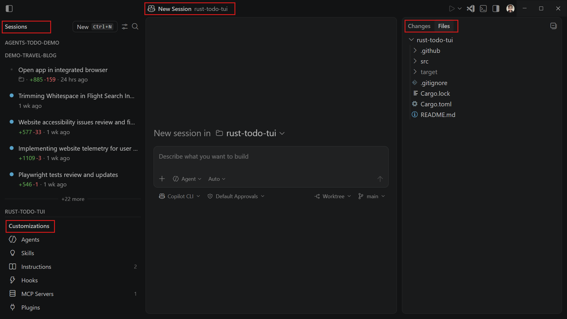 Screenshot of the Agents application interface, showing the sessions list, customizations panel, chat area, and changes panel.
