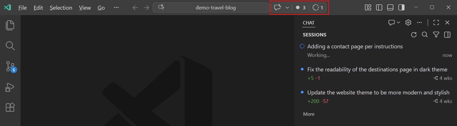 Screenshot showing the Agent Status Indicator in the command center with unread and in-progress badges.
