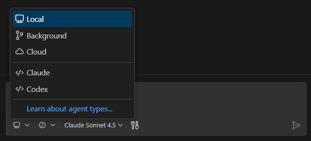 Screenshot showing agent type dropdown in new chat session.
