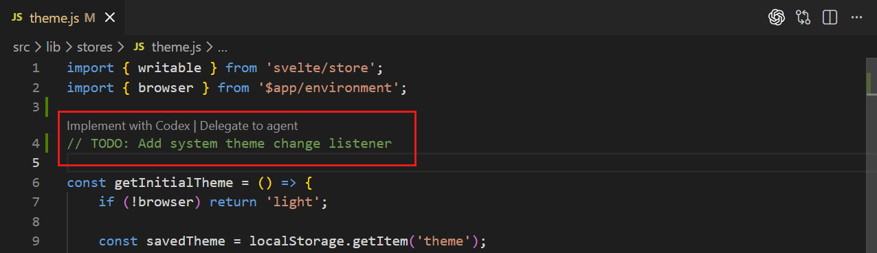 Screenshot of assigning a TODO comment to Copilot coding agent.