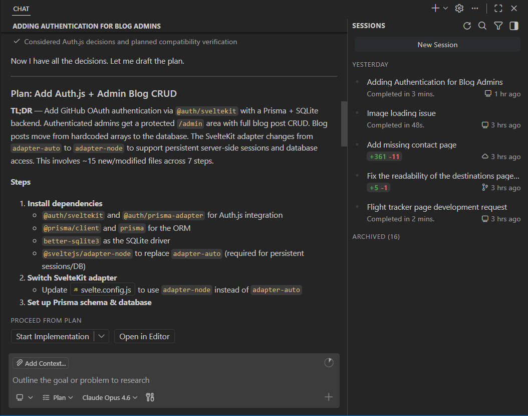 Screenshot of an agent session in VS Code showing code changes and chat interaction.