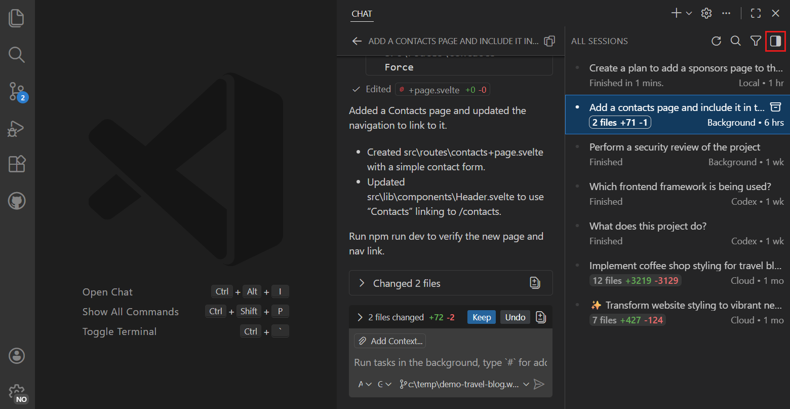 Screenshot of the Chat view in expanded mode showing full agent session history.