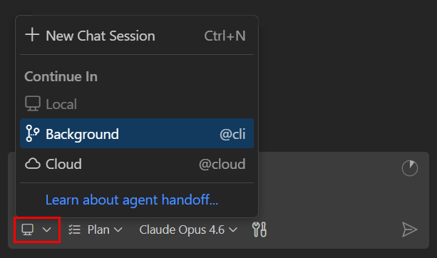 Screenshot showing the session type dropdown for handing off to another agent.