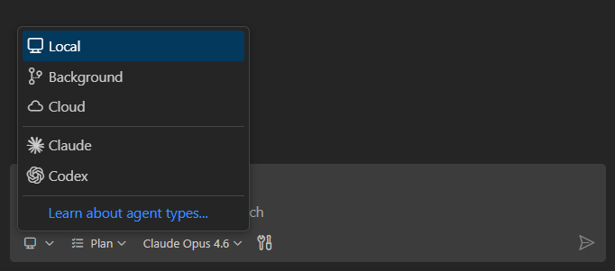 Screenshot showing the sessions type picker in the Chat view with options for local, background, cloud, and third-party agents.