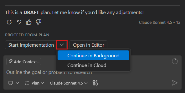 Screenshot showing the Start Implementation button in the Chat view.