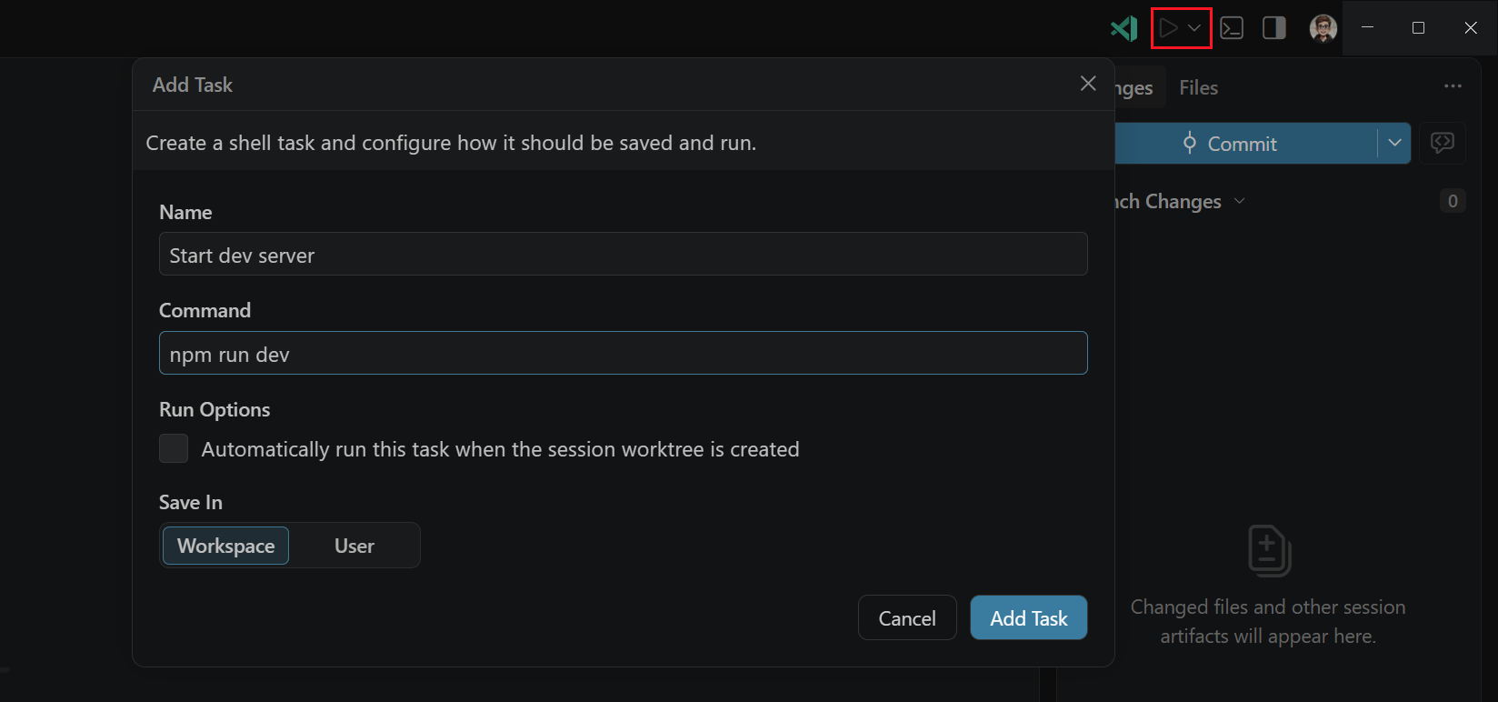 Screenshot showing the Add Task dialog in the Agents window, where you can configure a task to run in the context of the current session.