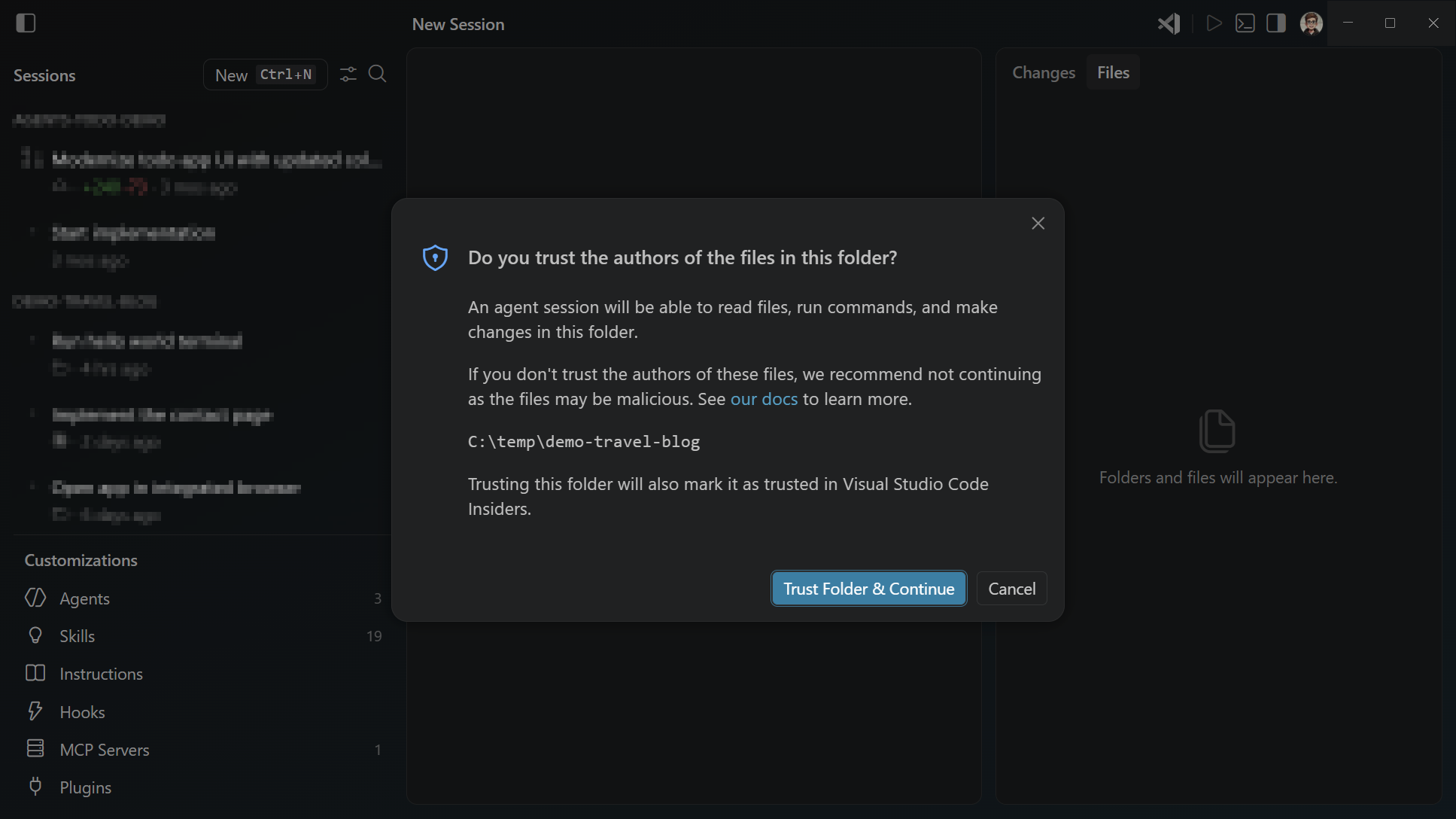 Screenshot of the folder trust prompt in the Agents window, asking the user to trust the folder before starting an agent session.