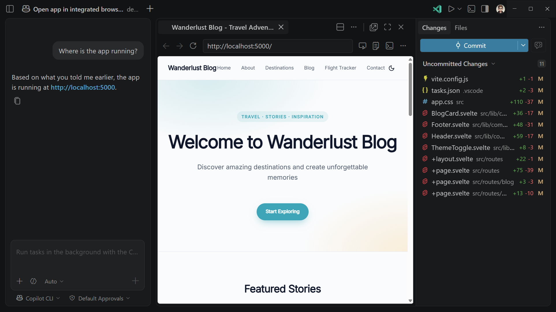 Screenshot showing the integrated browser open in the Agents window, displaying a localhost page that was opened from a link in the chat session.