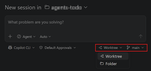 Screenshot showing how to select folder or worktree isolation and optionally choose a source control branch when starting a new agent session in the Agents window.