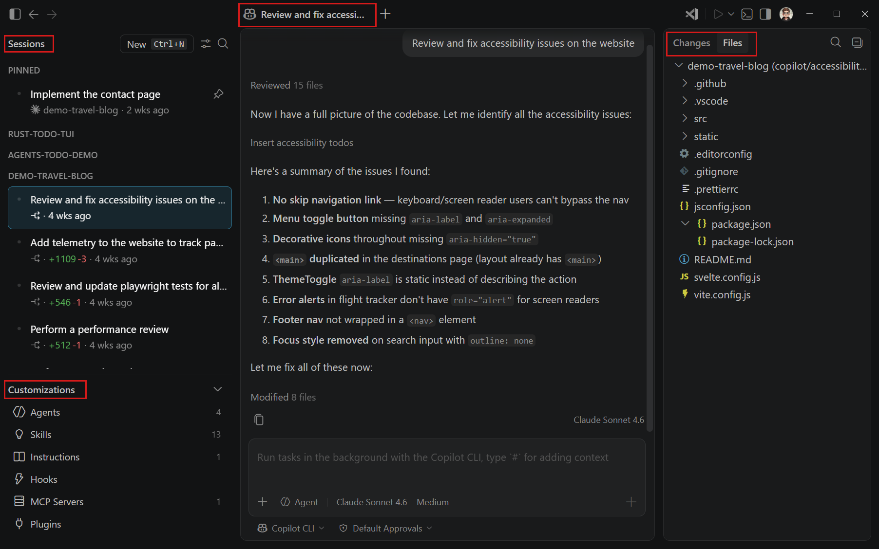 Screenshot of the Agents window interface, showing the sessions list, customizations panel, chat area, and changes panel.