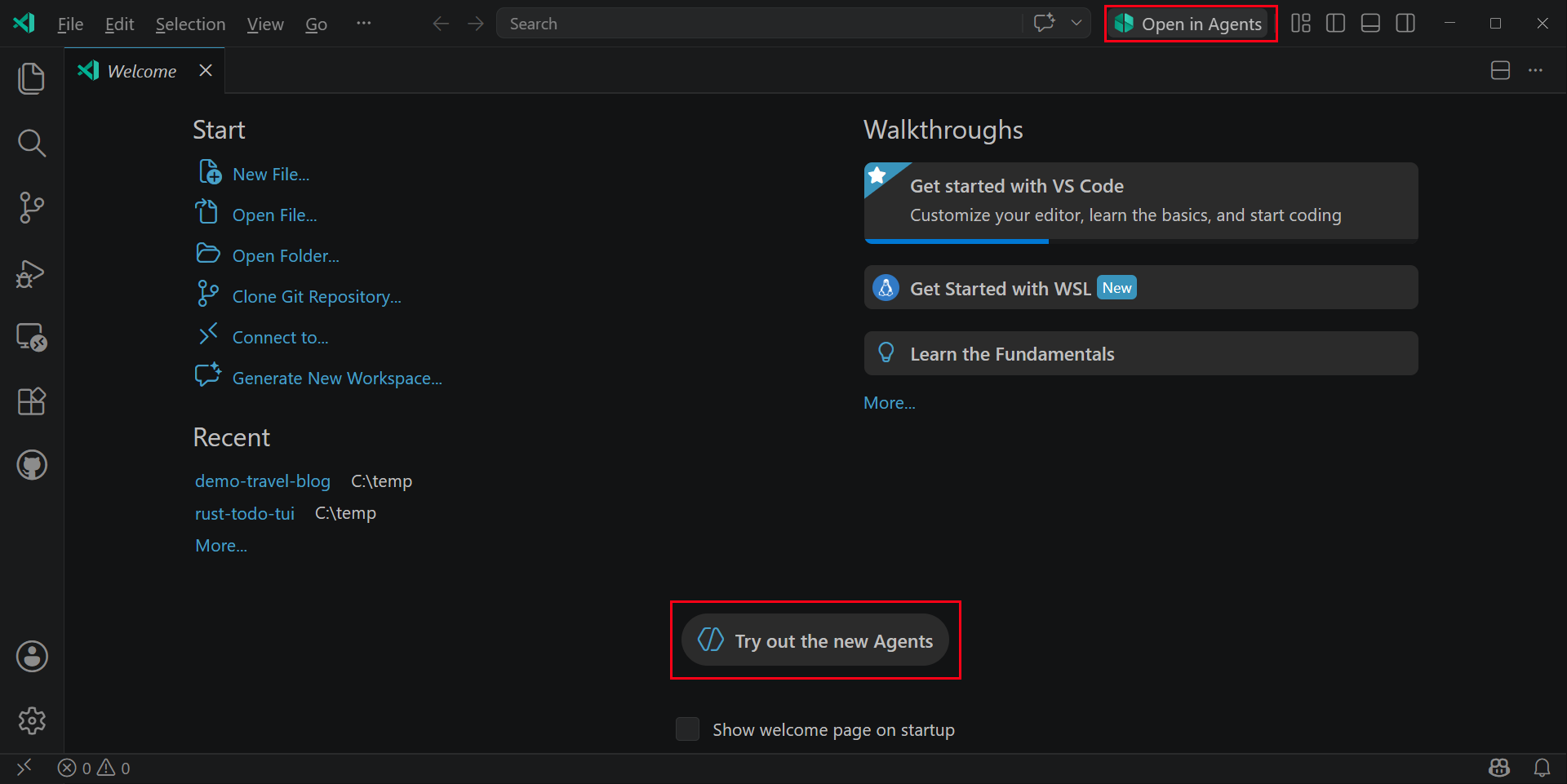 Screenshot showing how to open the Agents window from the Open in Agents button in the title bar and from the Welcome page.