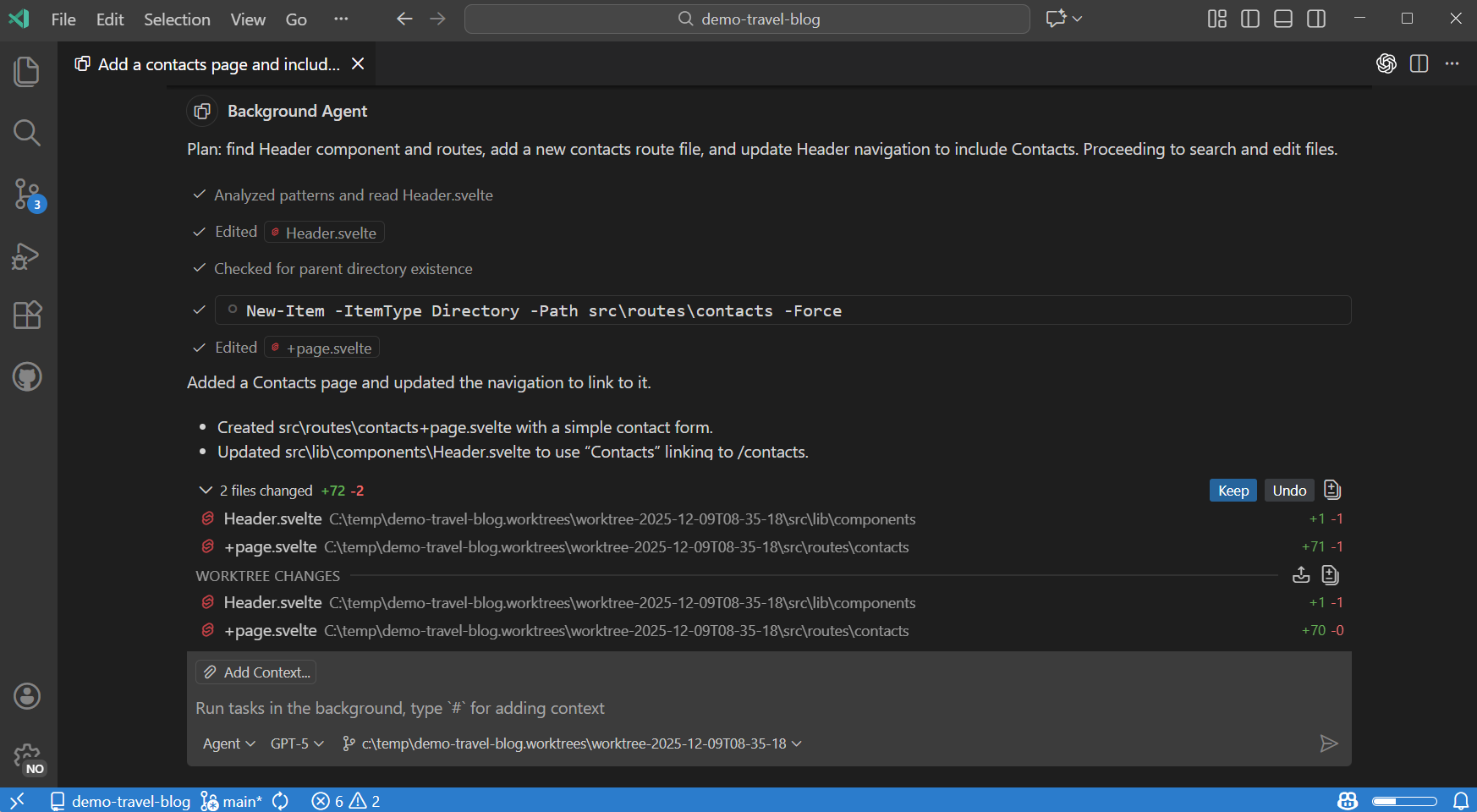 Screenshot of background agent session as a chat editor in VS Code.