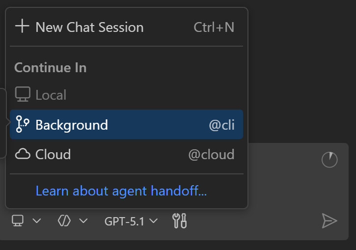 Screenshot showing the "Delegate Sessions" dropdown in VS Code chat interface.