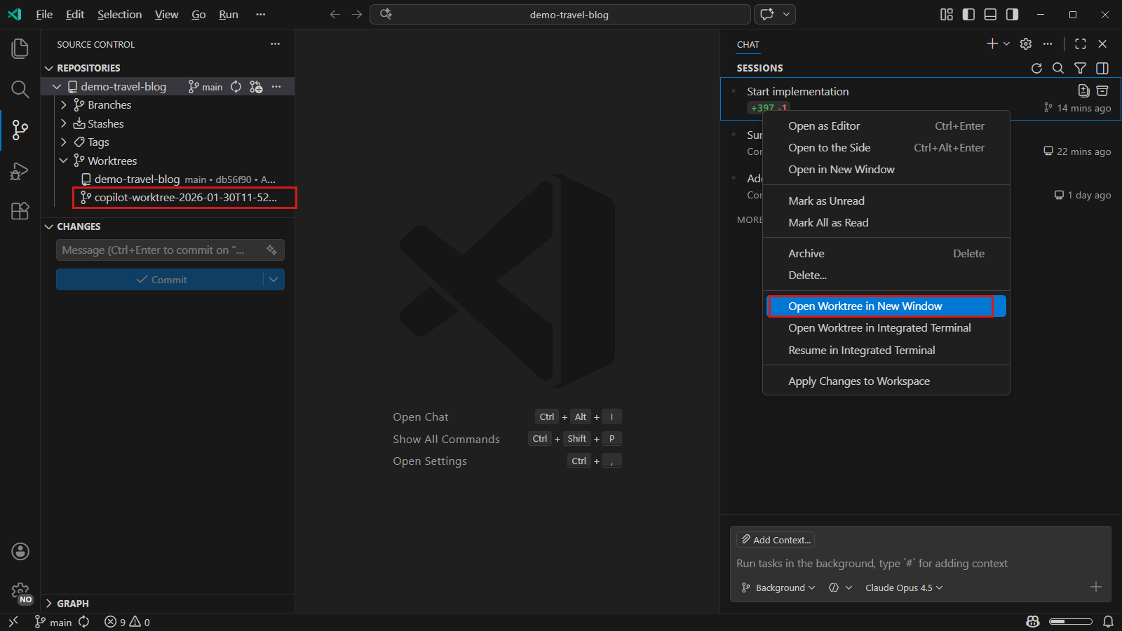 Screenshot showing Git worktree in VS Code Source Control view.