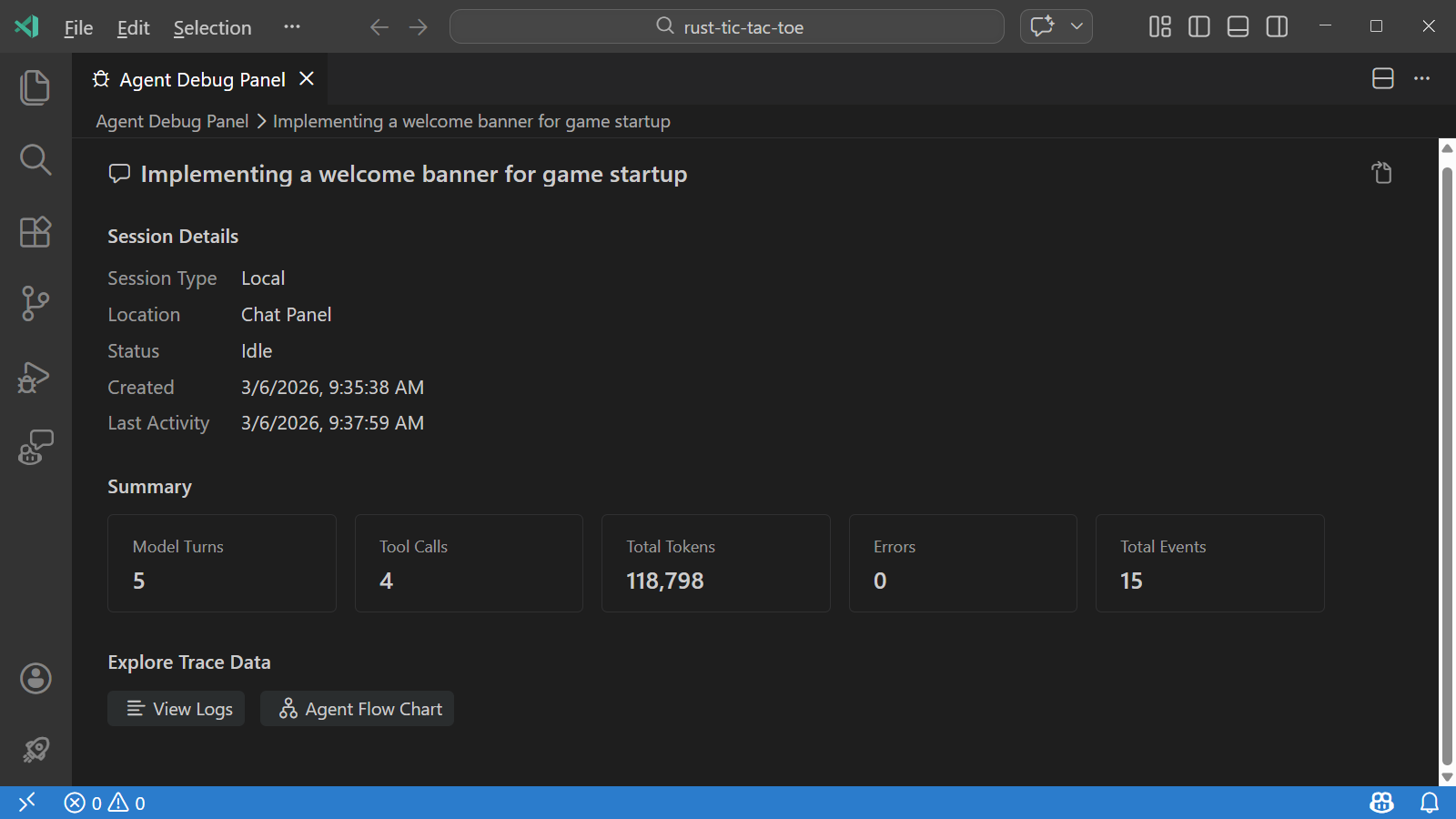 Screenshot of the summary view in Agent Logs, showing aggregate statistics for the chat session.