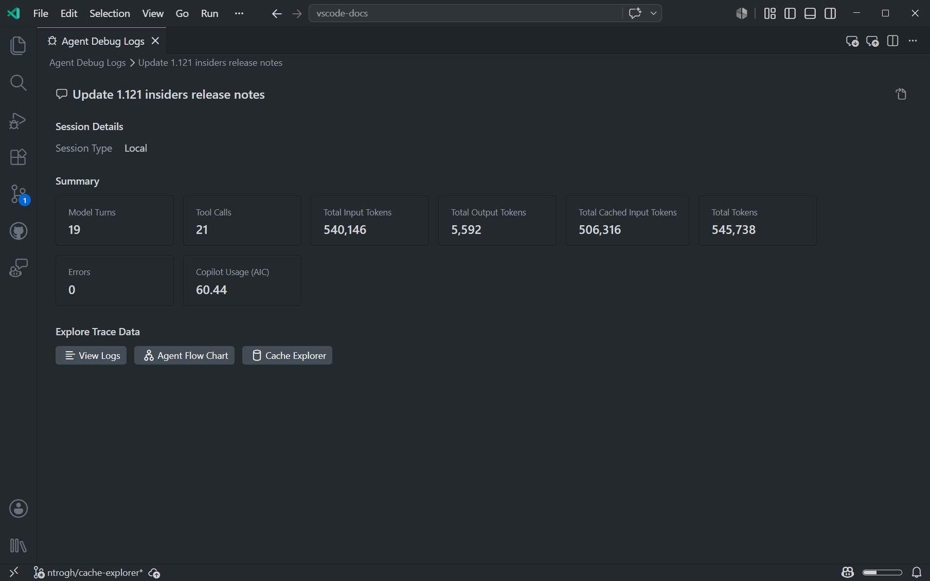 Screenshot of the summary view in Agent Logs, showing aggregate statistics for the chat session.