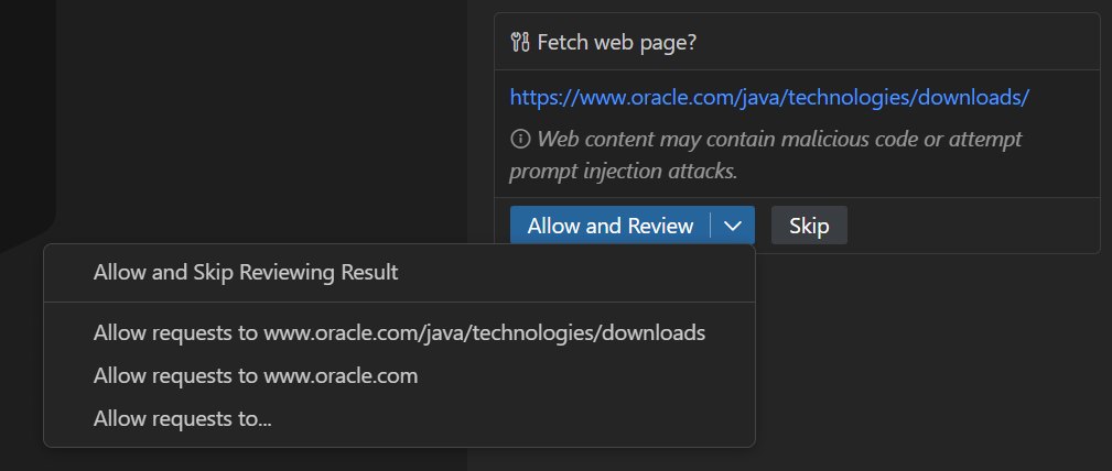 Screenshot of a URL approval dialog showing URL details and approval options.