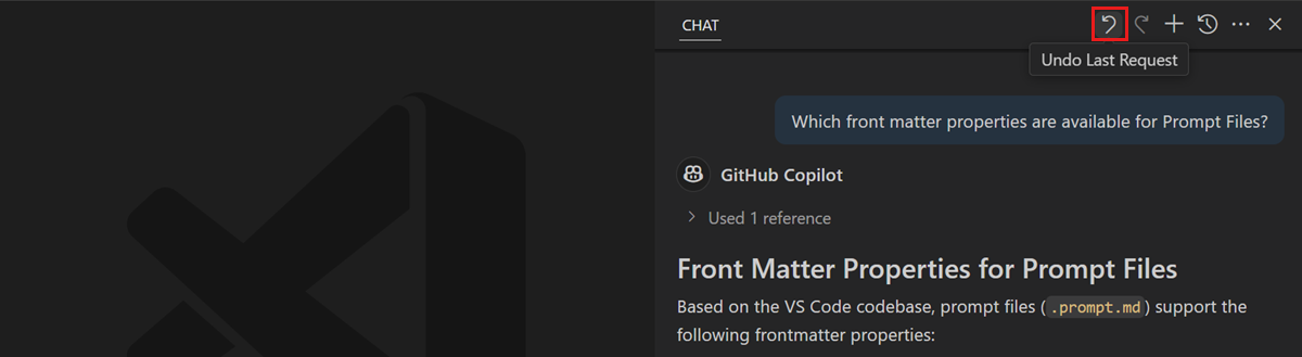 Screenshot of the Chat view with the Undo Last Request button highlighted.