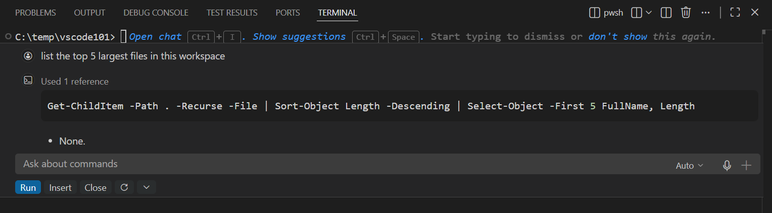 Screenshot showing that you can ask complex questions like "list the top 5 largest files in the src dir"
