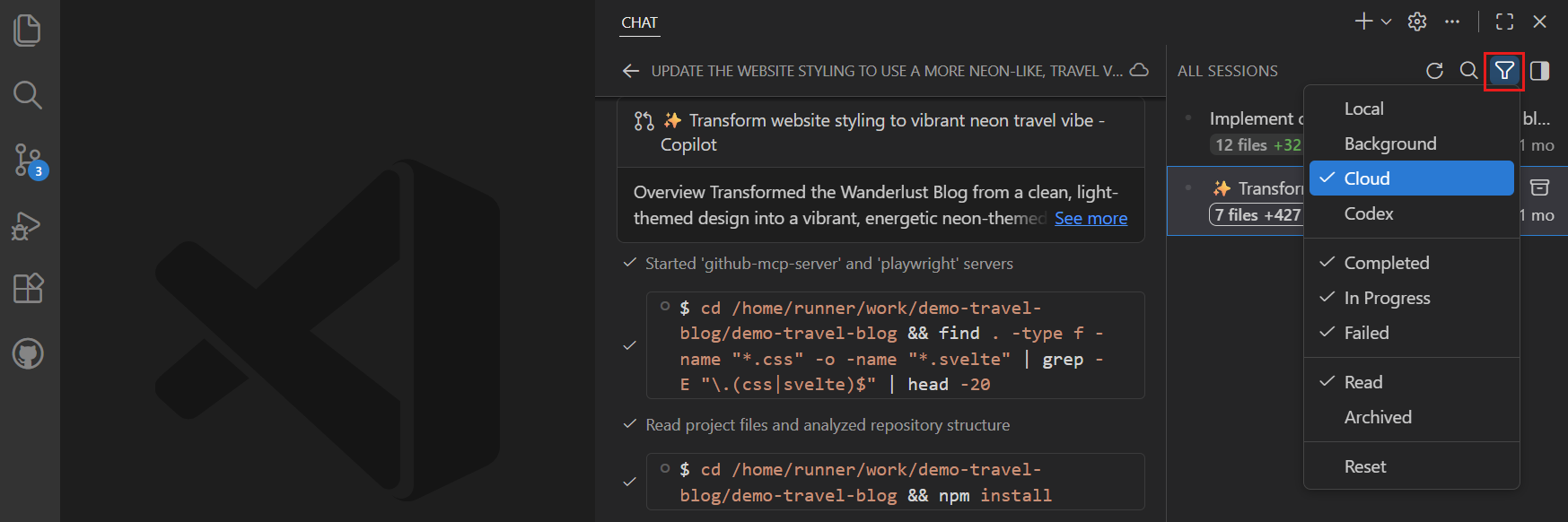 Screenshot of cloud agent filter in VS Code Chat view.
