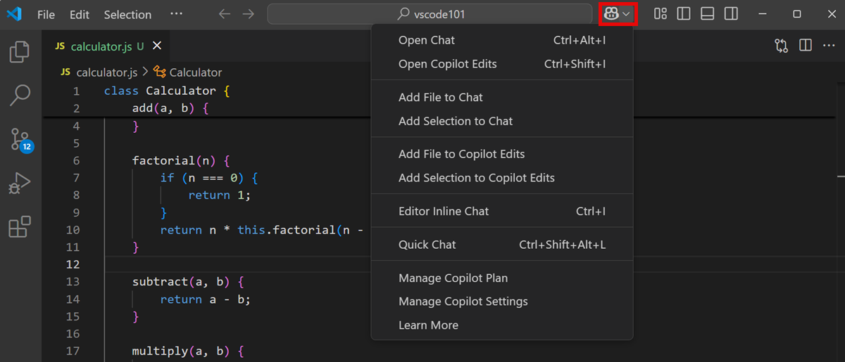 Screenshot of the Copilot Chat menu in the VS Code Command Center