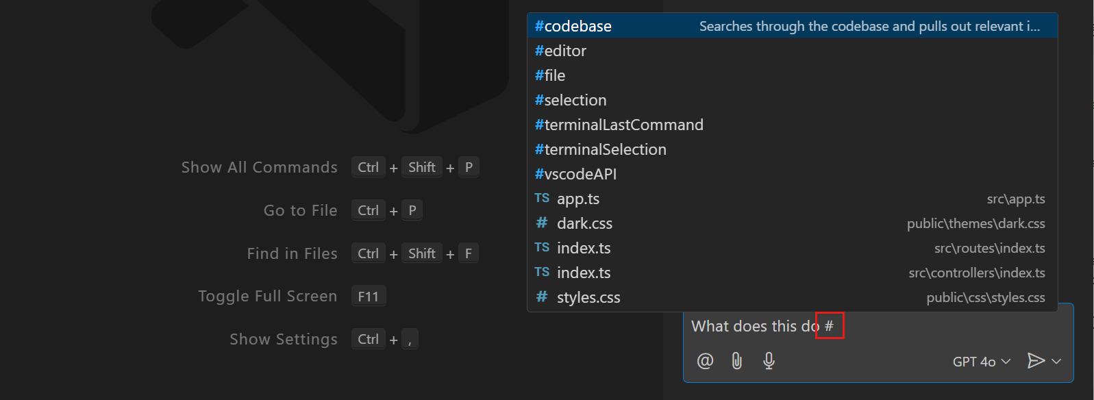 Screenshot of VS Code Copilot Chat view, showing the chat variable picker.