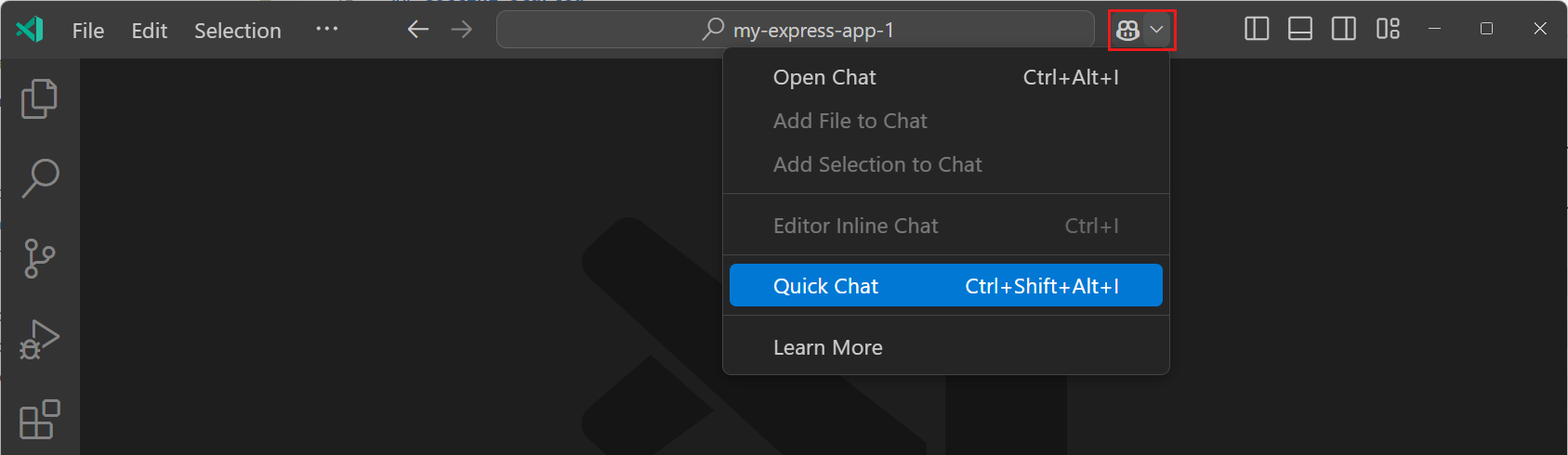 Screenshot of the Copilot Chat menu in the VS Code Command Center