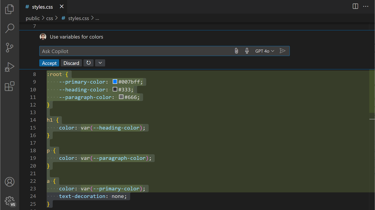 Copilot Inline Chat asking to convert a sort algorithm to use bubble sort