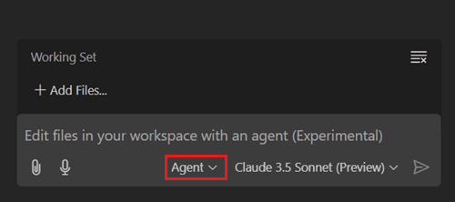 Screenshot showing the Copilot Edits view, highlighting agent mode selected.