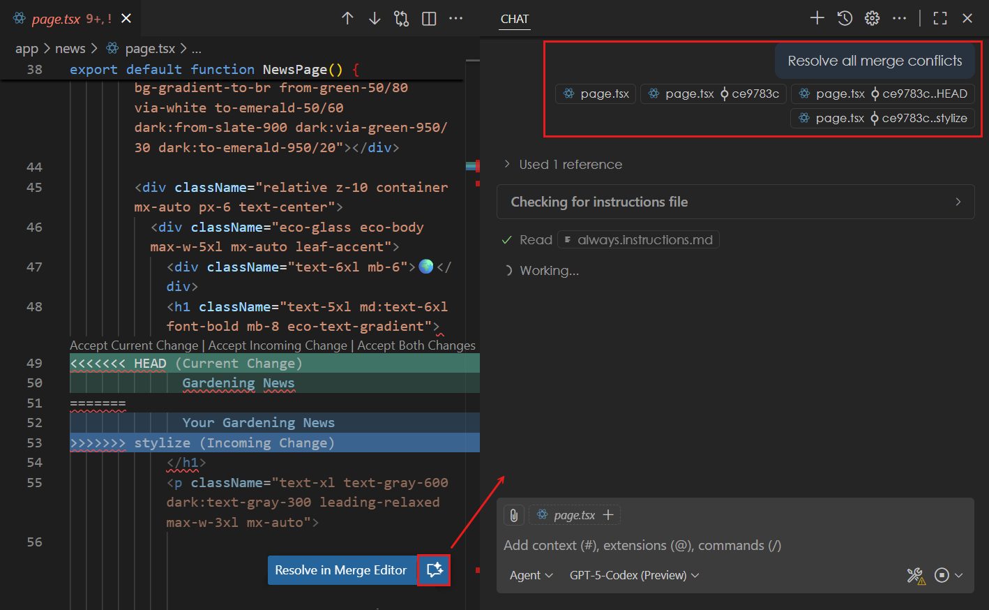 Screenshot of the proposed merge conflict resolution in the editor.