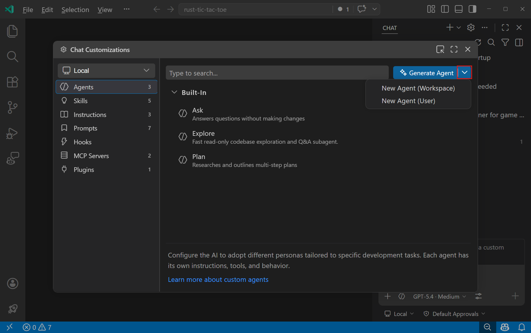 Screenshot of the Chat Customizations editor, showing the Agents tab and the dropdown to create a new custom agent.
