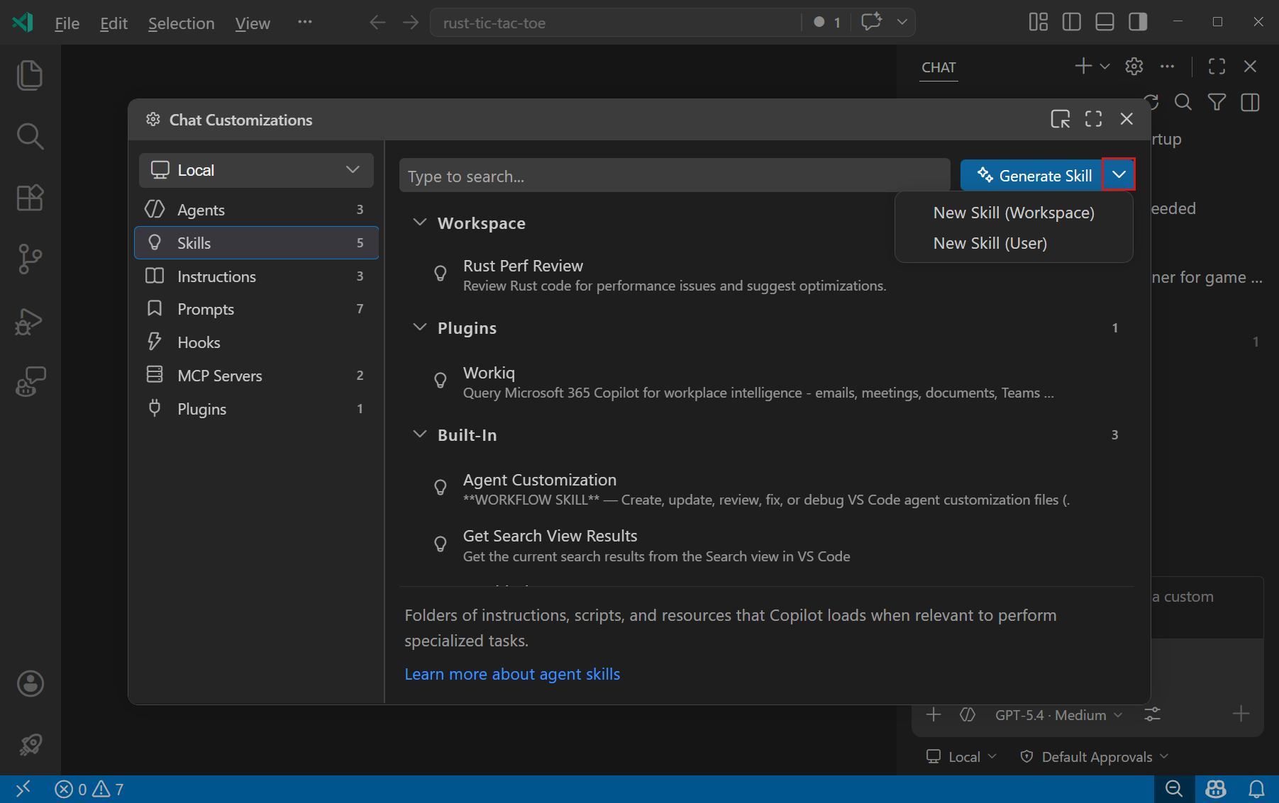 建立新技能的畫面,顯示 Chat Customizations 編輯器的 Skills 頁籤與下拉選單