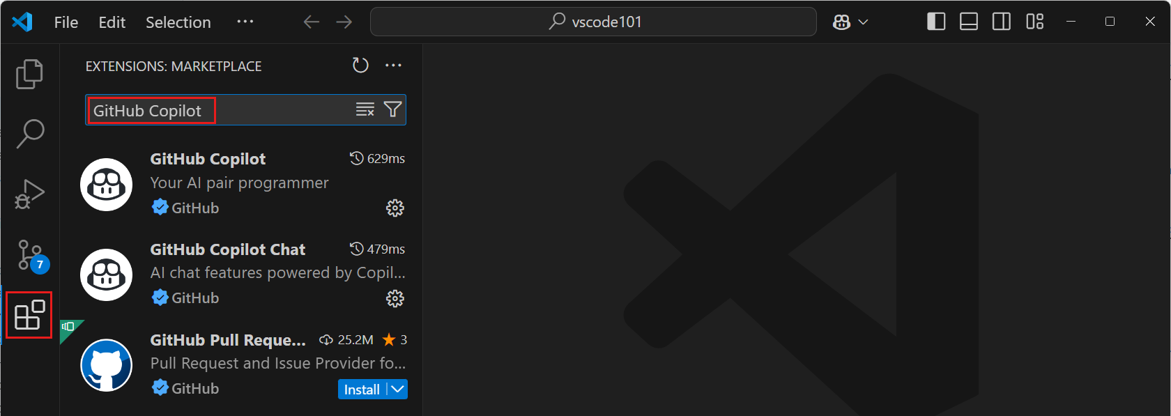Extensions view in VS Code, showing the GitHub Copilot extension.