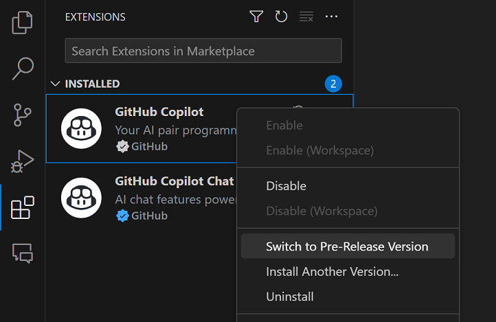 Extensions view context menu with Switch to Pre-Release Version option