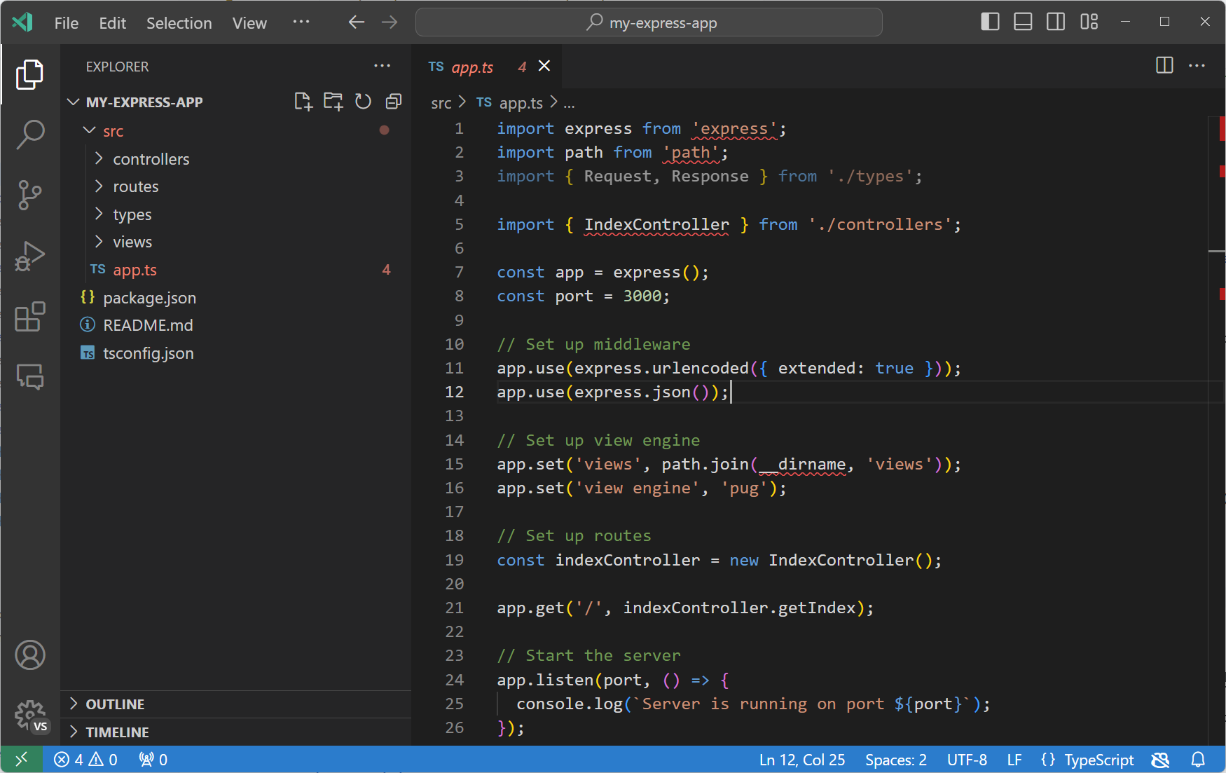 Screenshot of VS Code, showing the newly created workspace for an Express app.