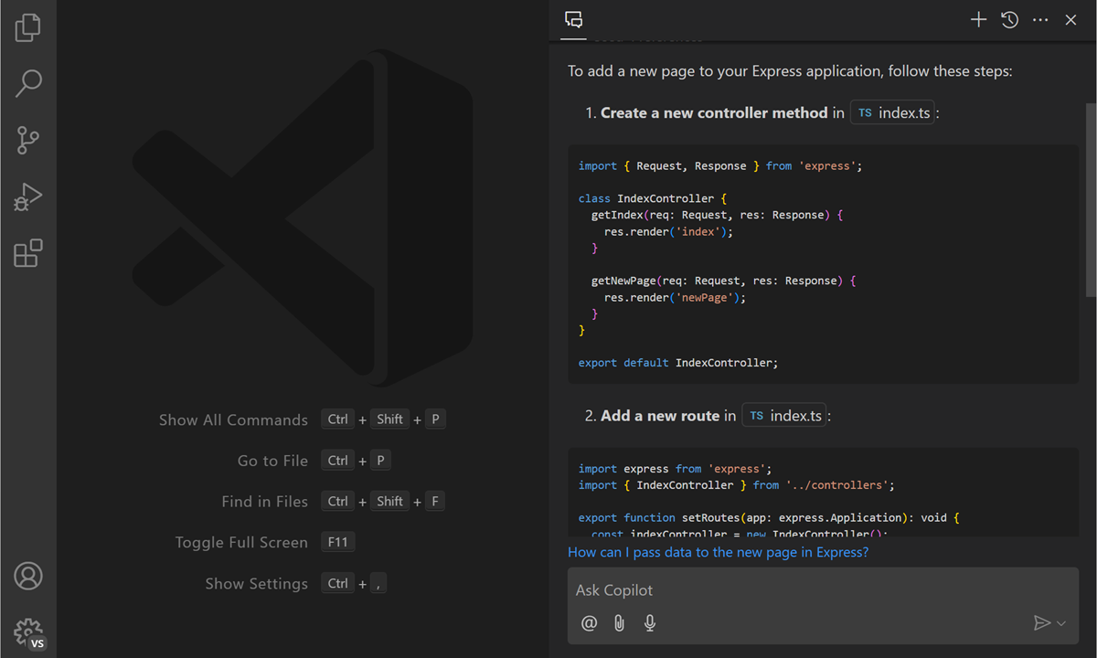 Screenshot of VS Code Copilot Chat view, showing the results for added a page.