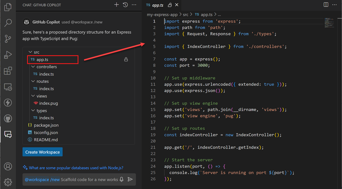 Screenshot of VS Code Copilot Chat view, previewing a file in the editor after selecting it in the tree view.