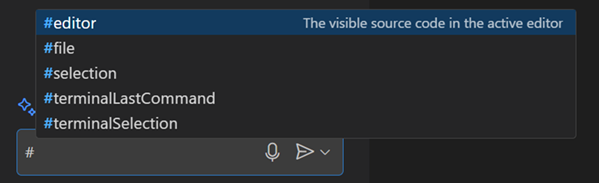 Screenshot of VS Code Copilot Chat view, showing the list of chat variables.
