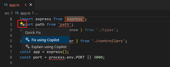 Screenshot of VS Code, highlighting the sparkle and Copilot smart actions context menu.