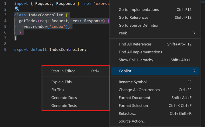 Screenshot of VS Code Copilot smart action context menu.