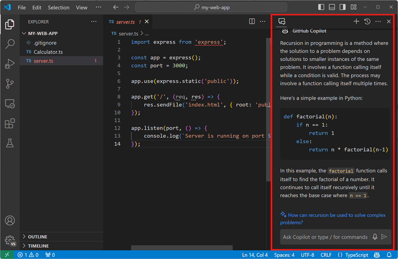 Screenshot of VS Code editor, showing the Copilot Chat view in the Secondary side bar on the right.