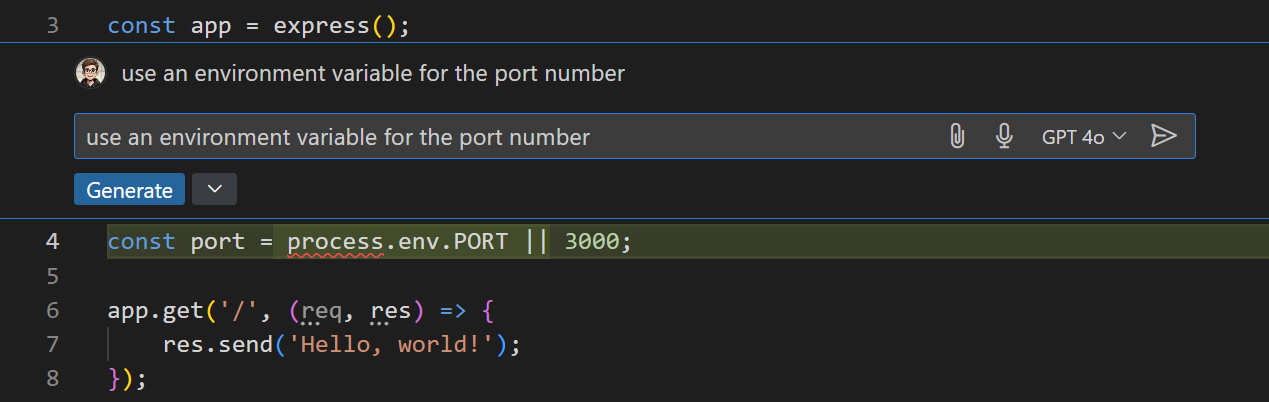 Screenshot of VS Code editor, showing the Copilot Inline Chat to use an environment variable for the port number.